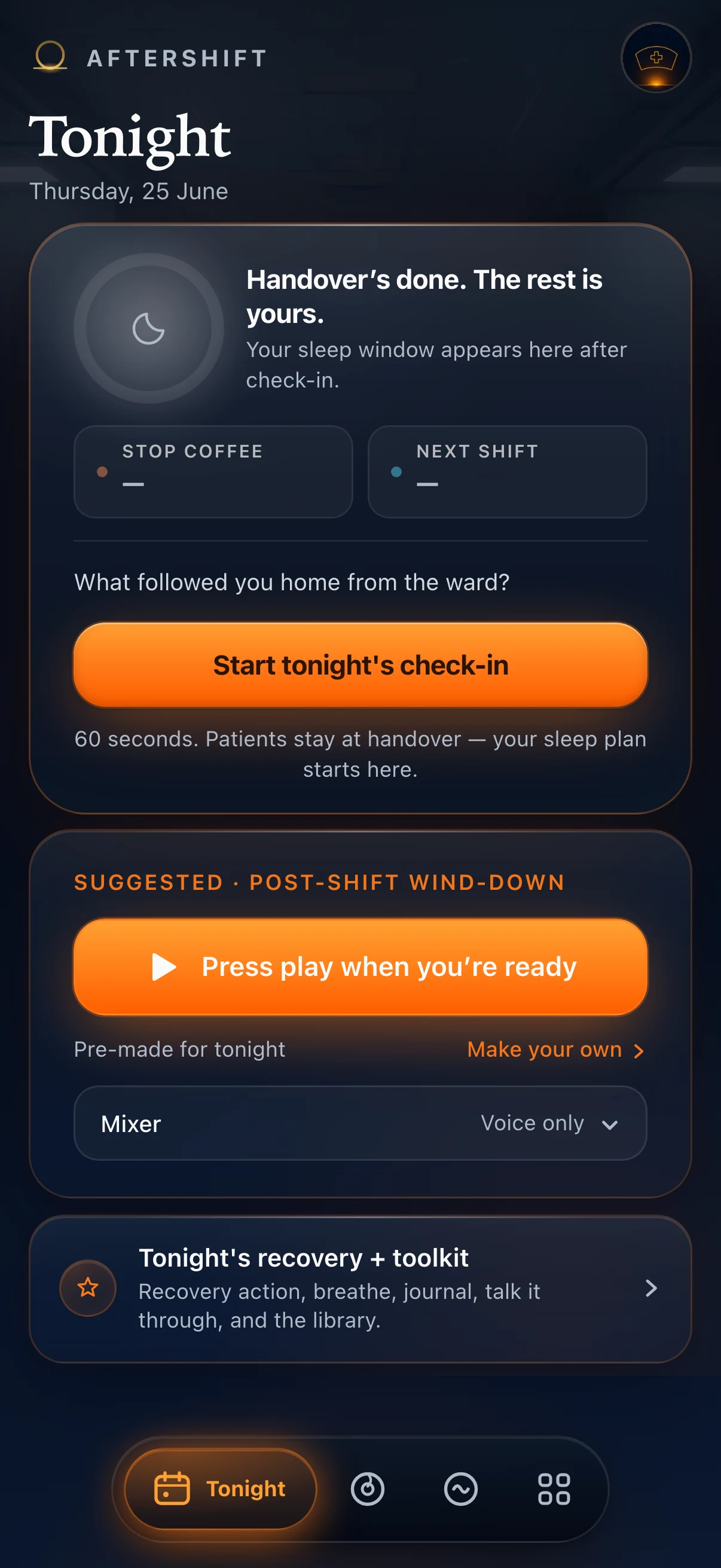 AfterShift Tonight's Plan — sleep score, window, and wind-down prompt on a dark ember interface